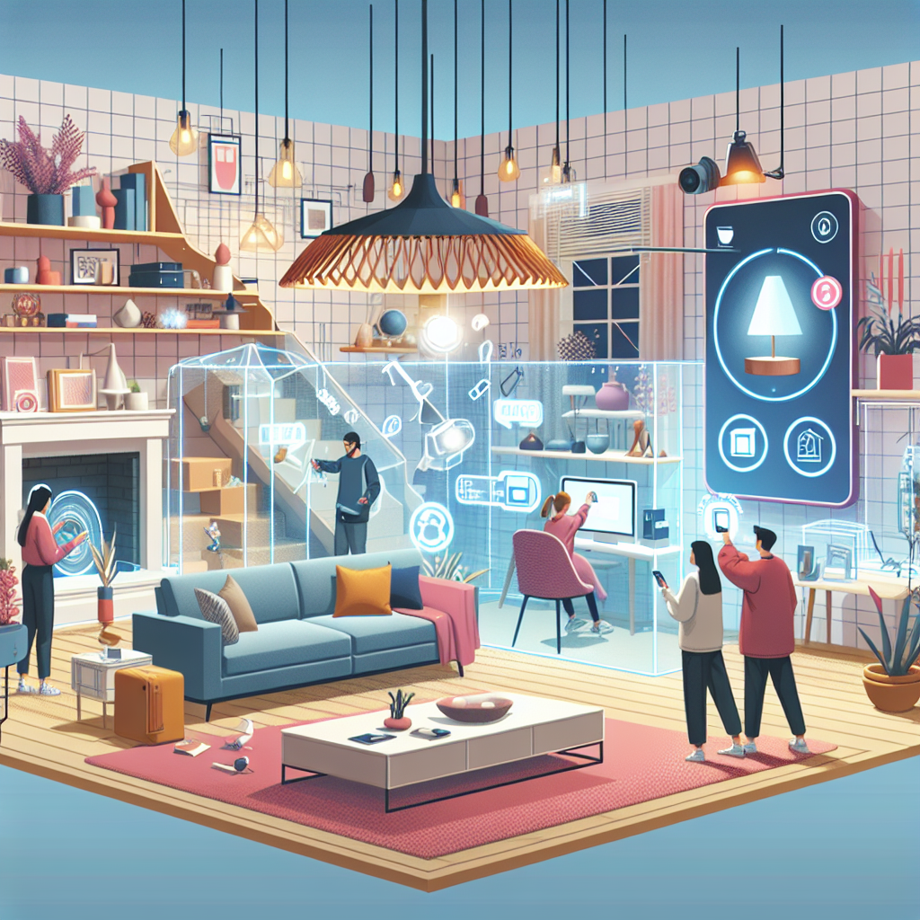 "Augmented reality technology showcasing virtual furniture placement in a modern living room, illustrating the future of home retail shopping experiences."